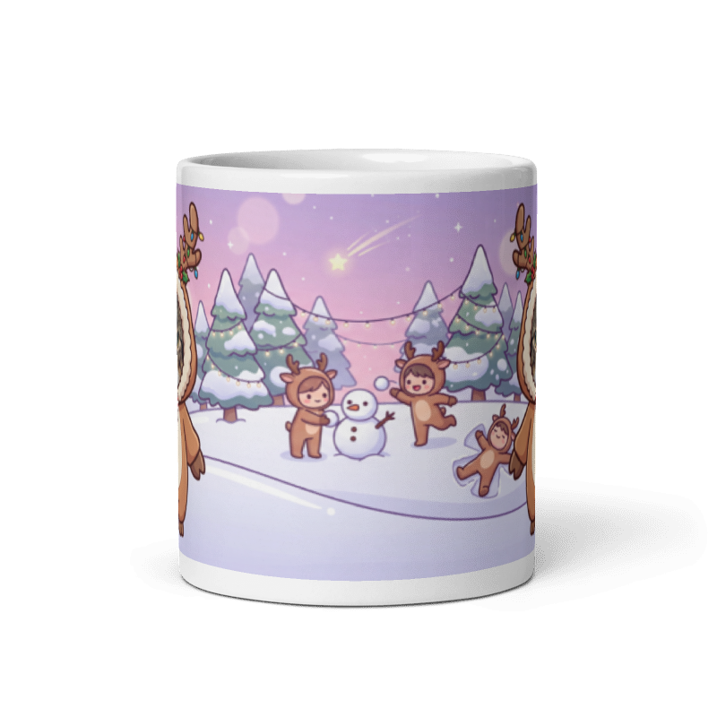 Back of the cat reindeer mug showing little reindeer playing in the snow beside a snowman