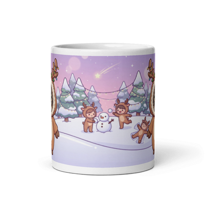 Back of the cat reindeer mug showing little reindeer playing in the snow beside a snowman