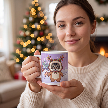 Cat reindeer photo mug held in hand to show the size