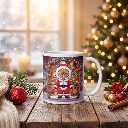 Personalized Santa cat mug with a cat's face in a Santa suit, on a wooden table with a lit Christmas tree and a snowy window behind
