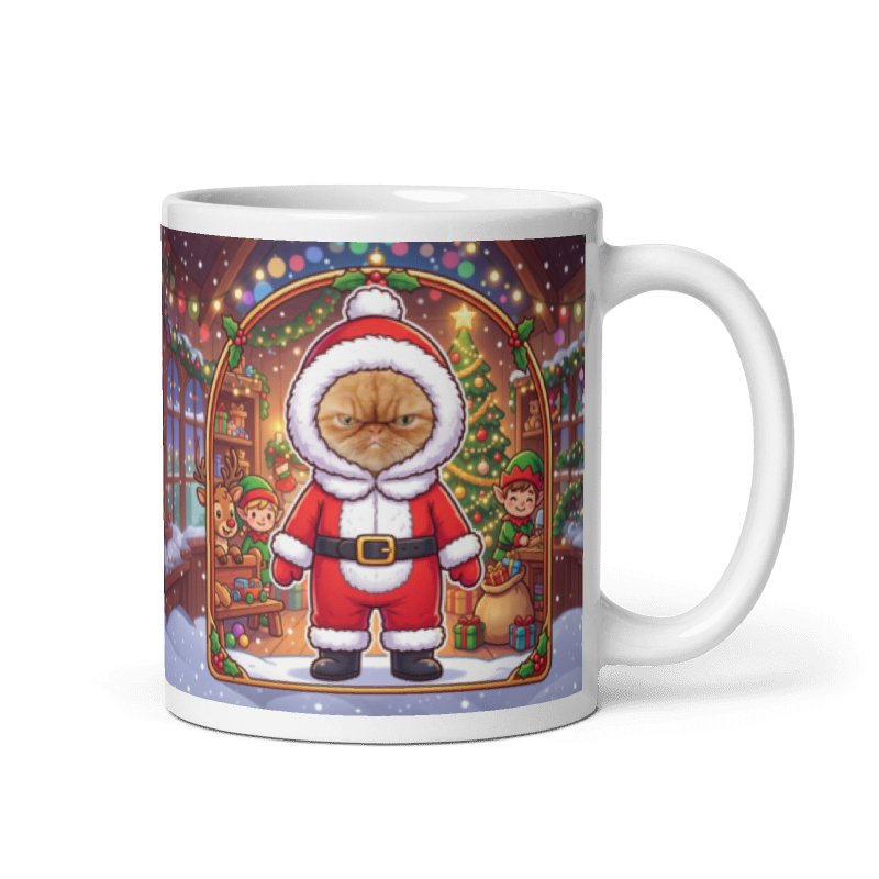 Cat Santa photo mug with the handle on the right, the cat's face printed on the front