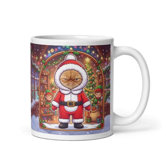 Cat Santa photo mug with the handle on the right, the cat's face printed on the front