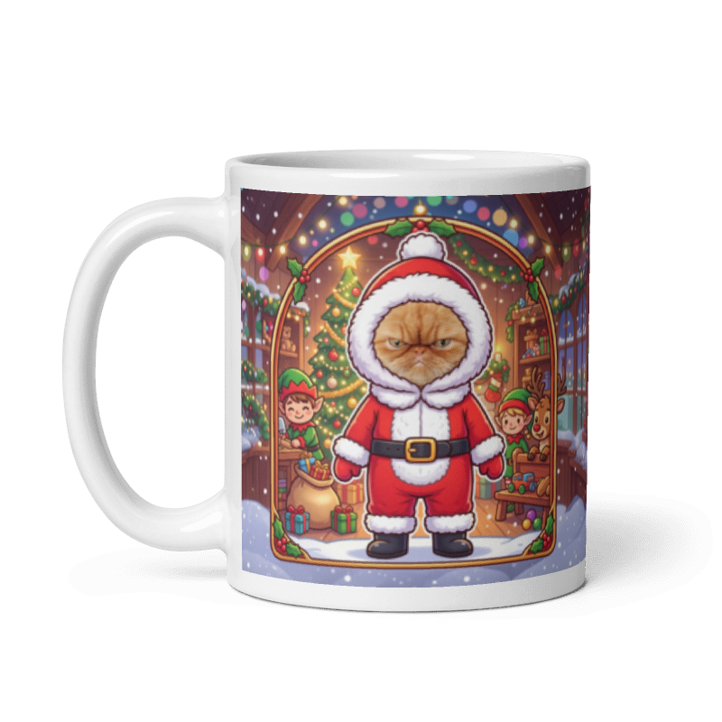 The same cat Santa mug with the handle on the left, the cat's face still showing