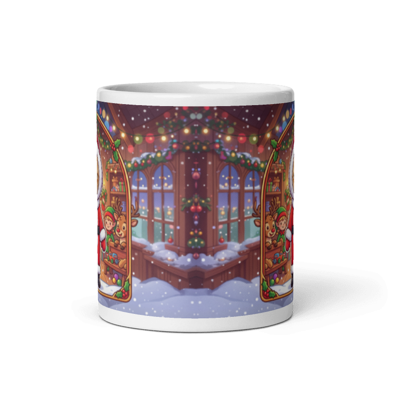 Back of the cat Santa mug showing the snowy window of Santa's workshop with garlands and lights
