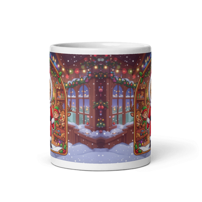 Back of the cat Santa mug showing the snowy window of Santa's workshop with garlands and lights