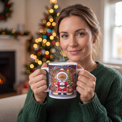 Cat Santa photo mug held in both hands to show the size