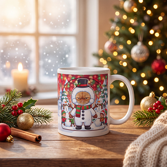 Personalized cat snowman mug with red Christmas lights and a cat's face, on a wooden table with a lit Christmas tree behind