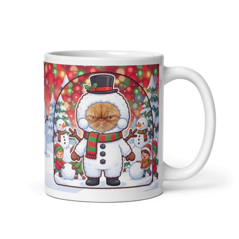 Cat snowman photo mug with the handle on the right, the cat's face printed on the front
