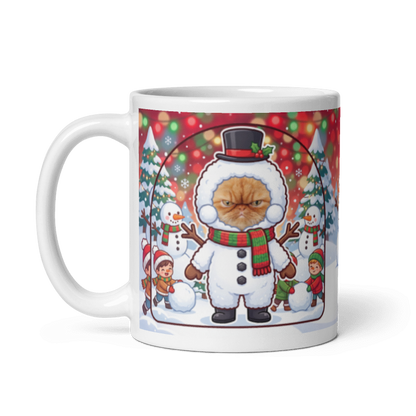 The same cat snowman mug with the handle on the left, the cat's face still showing