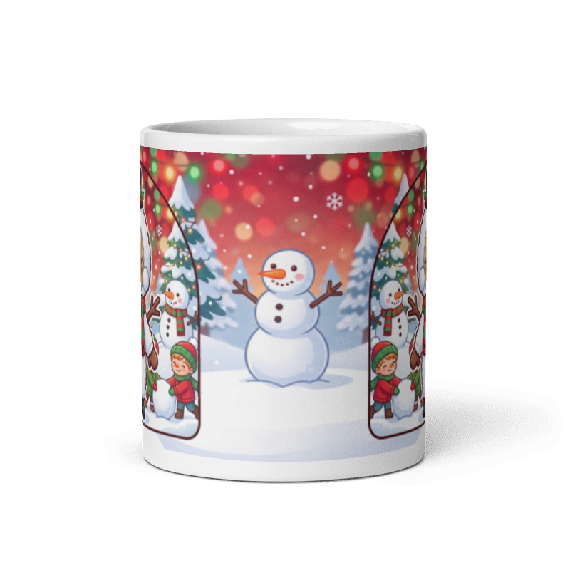 Back of the cat snowman mug showing a snowman in a snowy field under red Christmas lights