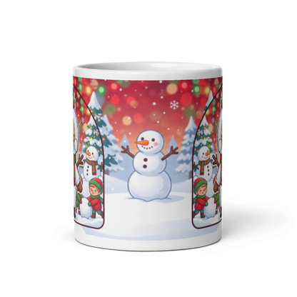 Back of the cat snowman mug showing a snowman in a snowy field under red Christmas lights