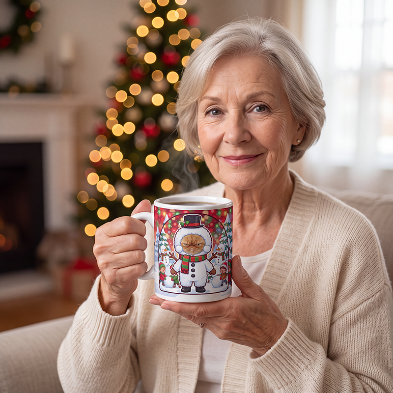 Cat snowman photo mug held in hand to show the size