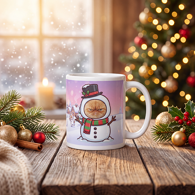 Personalized cat snowman mug with a cat's face, on a wooden table with a lit Christmas tree and a frosted window behind