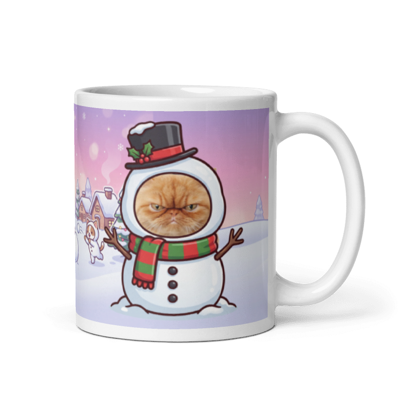 Cat snowman photo mug with the handle on the right, the cat's face printed on the front
