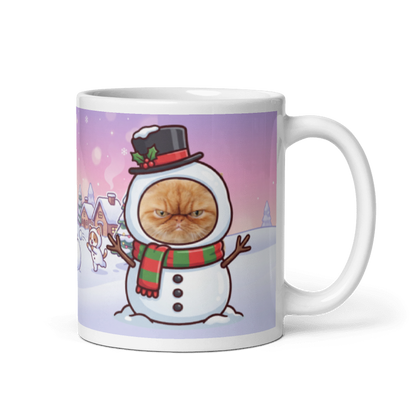 Cat snowman photo mug with the handle on the right, the cat's face printed on the front