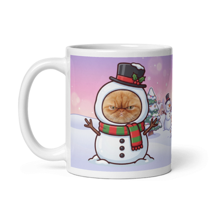 The same cat snowman mug with the handle on the left, the cat's face still showing