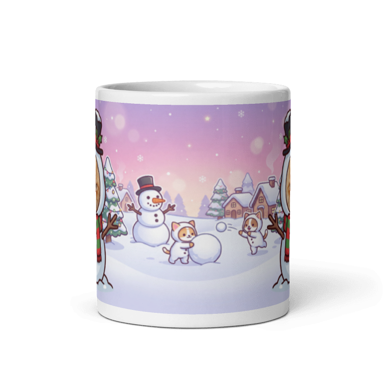 Back of the cat snowman mug showing puppies and kittens building a snowman in a snowy village