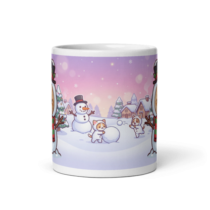 Back of the cat snowman mug showing puppies and kittens building a snowman in a snowy village
