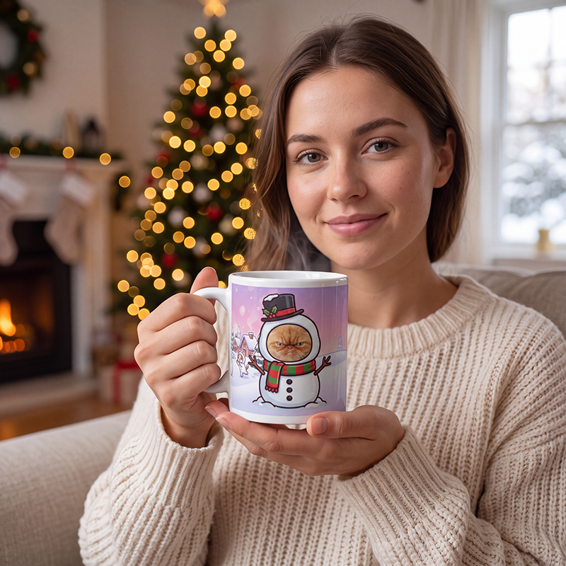 Cat snowman photo mug held in both hands to show the size