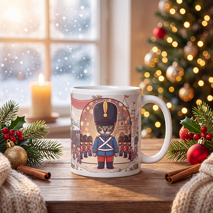 Personalized cat toy soldier mug with a cat's face, on a wooden table with a lit Christmas tree and a frosted window behind
