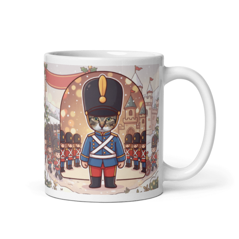Cat toy soldier photo mug with the handle on the right, the cat's face printed on the front