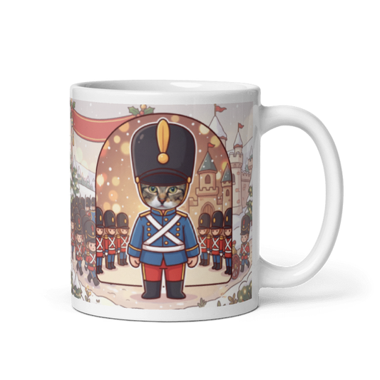 Cat toy soldier photo mug with the handle on the right, the cat's face printed on the front