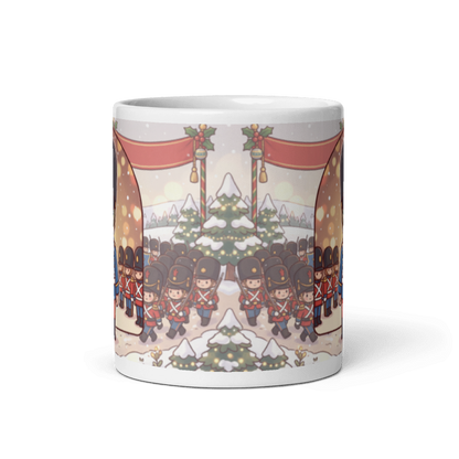 Back of the cat toy soldier mug showing rows of marching toy soldiers and snowy Christmas trees