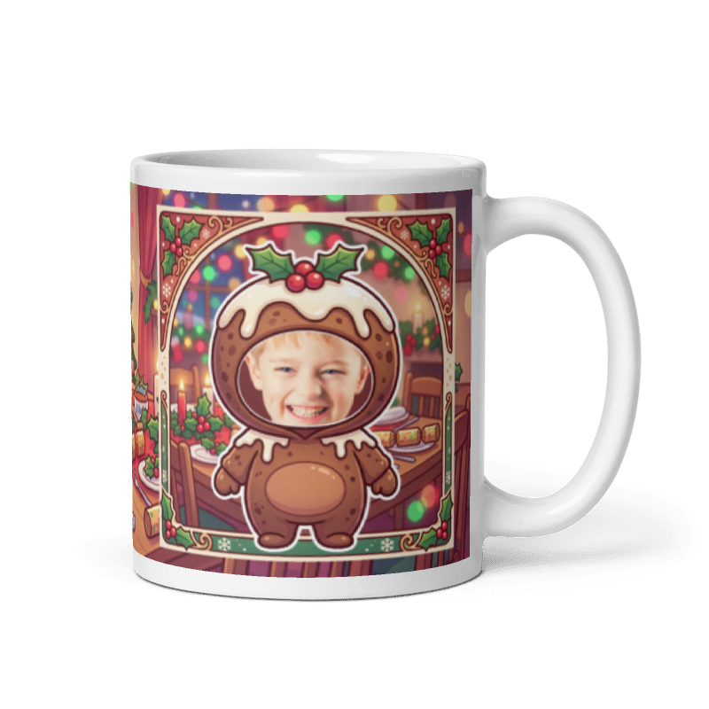 Christmas pudding photo mug with the handle on the right, face printed on the front