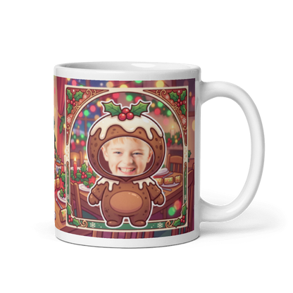 Christmas pudding photo mug with the handle on the right, face printed on the front