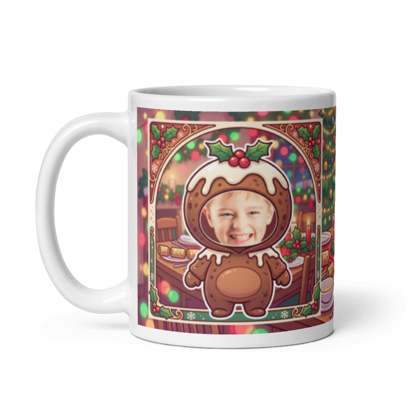 The same Christmas pudding mug with the handle on the left, face still showing