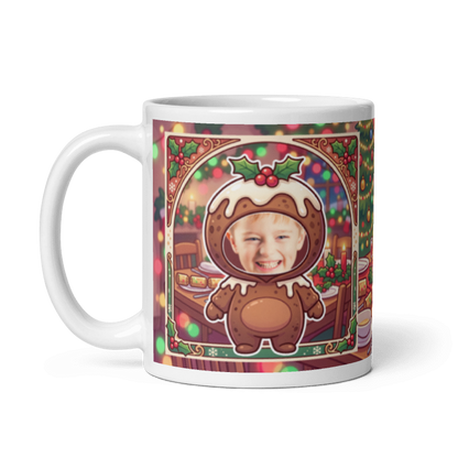 The same Christmas pudding mug with the handle on the left, face still showing