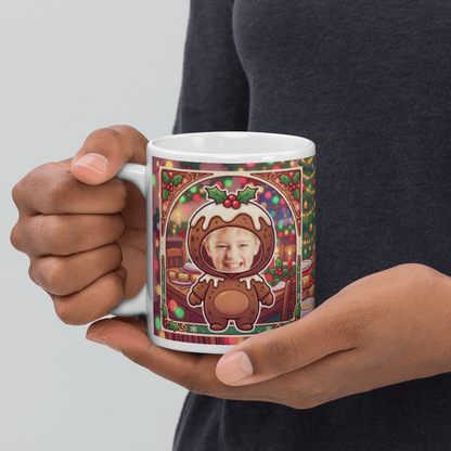 Christmas pudding photo mug held in a hand to show the size