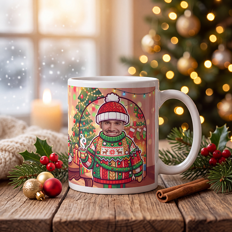 Personalized Christmas sweater mug on a wooden table with a lit Christmas tree and a frosted window behind