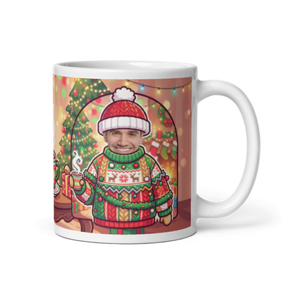 Christmas sweater photo mug with the handle on the right, face printed on the front