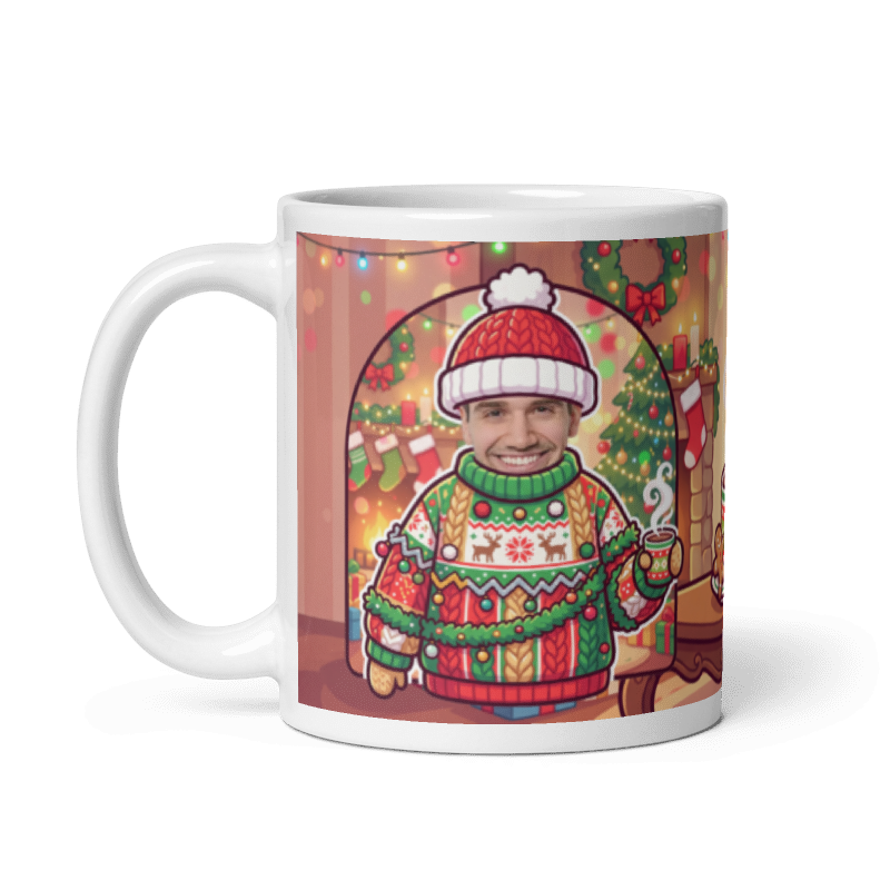 The same Christmas sweater mug with the handle on the left, face still showing