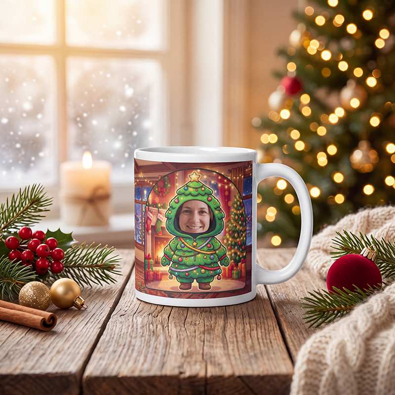 Personalized Christmas tree mug on a wooden table with a lit Christmas tree and a frosted window behind