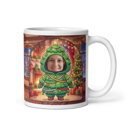 Christmas tree photo mug with the handle on the right, face printed on the front
