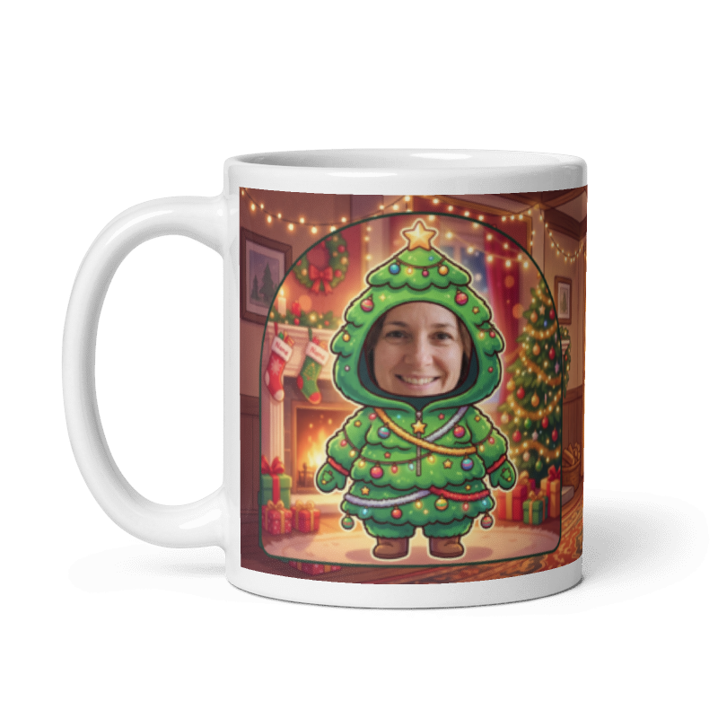 The same Christmas tree mug with the handle on the left, face still showing