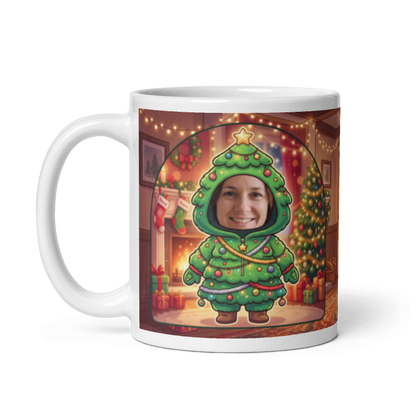 The same Christmas tree mug with the handle on the left, face still showing