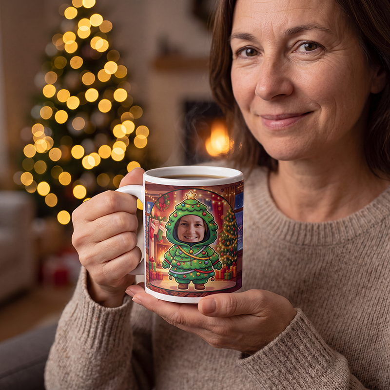 Christmas tree photo mug held in both hands to show the size