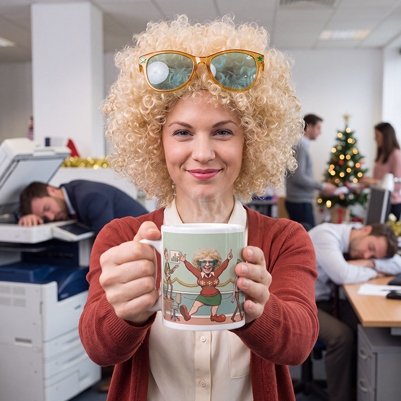 Woman in an office holding a personalized Christmas party mug showing a coworker dancing in a Christmas jumper