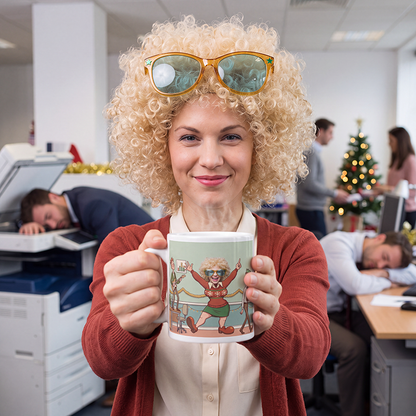 Woman in an office holding a personalized Christmas party mug showing a coworker dancing in a Christmas jumper