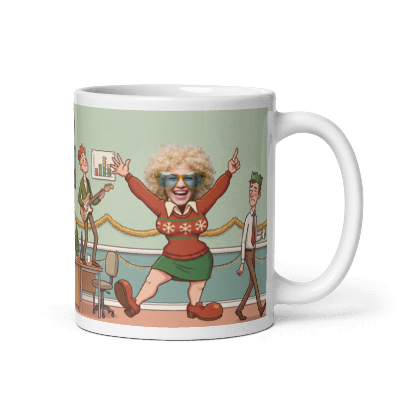 Christmas party photo mug with the handle on the right, a real face on the coworker owning the dancefloor