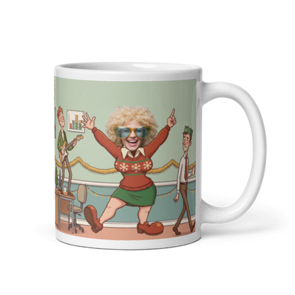 Christmas party photo mug with the handle on the right, a real face on the coworker owning the dancefloor