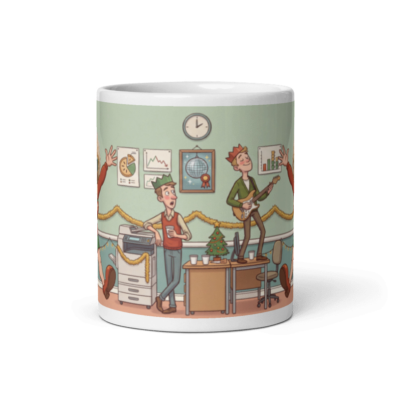 Back of the Christmas party mug showing the wraparound office scene with air guitar, a paper crown and a boombox