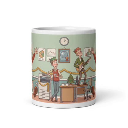 Back of the Christmas party mug showing the wraparound office scene with air guitar, a paper crown and a boombox