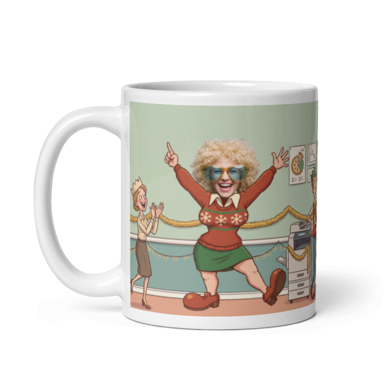 The same personalized Christmas party mug with the handle on the left, the face still showing