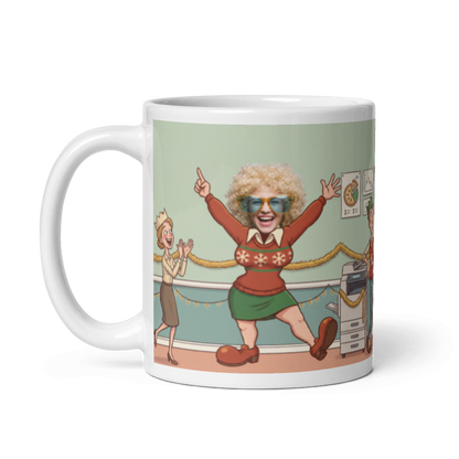 The same personalized Christmas party mug with the handle on the left, the face still showing