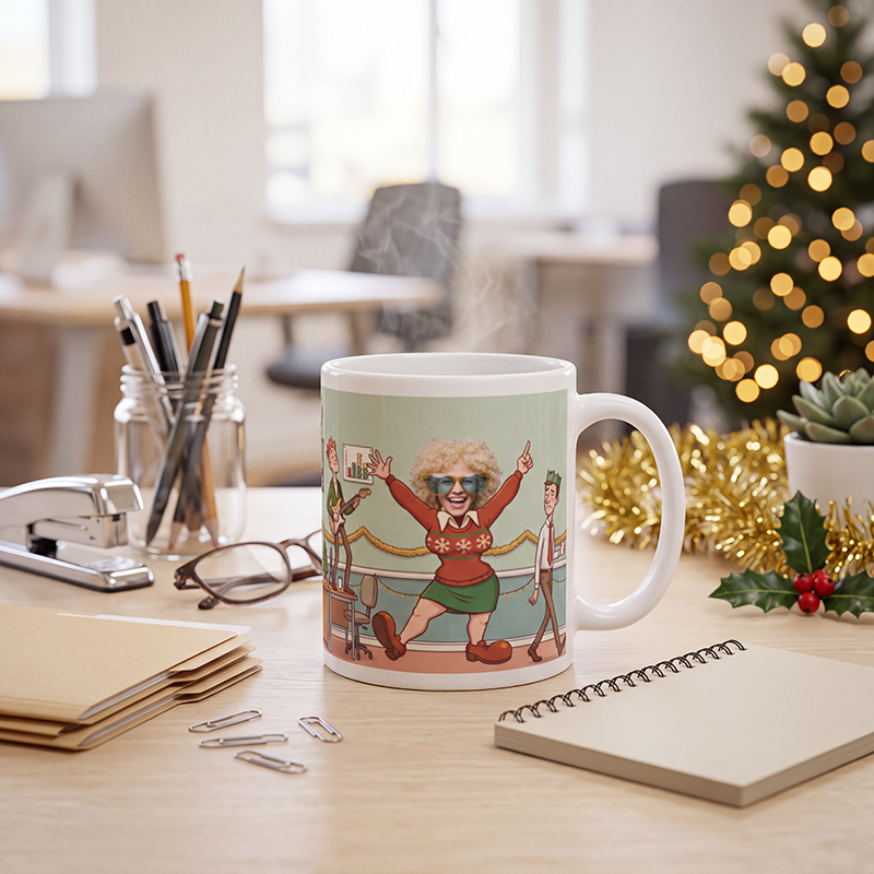 Personalized Christmas party mug steaming on an office desk with glasses, a notepad and a lit tree behind