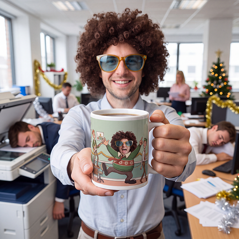 Man in an office holding a personalized Christmas party mug for him showing a coworker dancing in a Christmas jumper